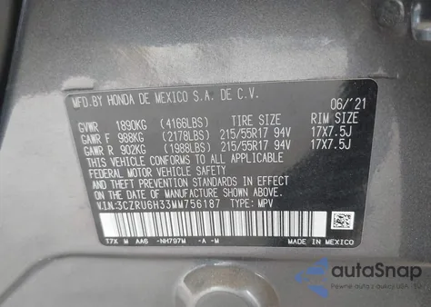 2021 Honda Hr-V Awd Lx z USA, uszkodzony, nr VIN 3CZRU6H33MM756187